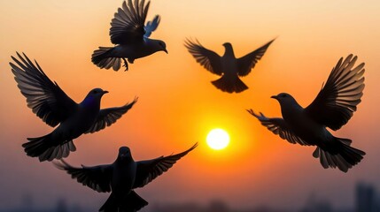 Fototapeta premium Several birds soaring in flight towards a setting sun