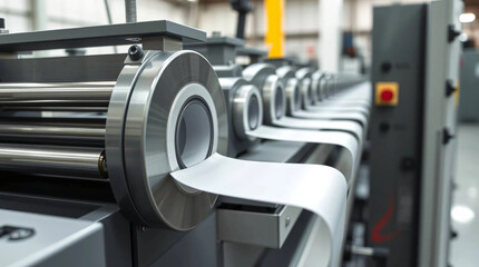 Modern rotary die cutting machine with slitting blade for manufacturing duct and packing tape in factories Industrial technology concept