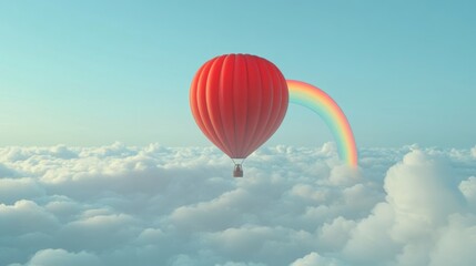 Fototapeta premium Red Hot Air Balloon Above Clouds with Rainbow
