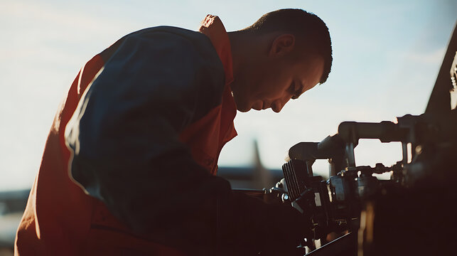 A male oil rig worker repairing the hydraulic systems on the rig. Featuring mechanical expertise and attention to detail