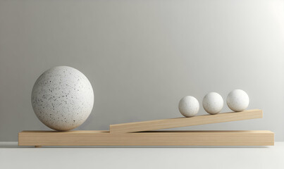 Balanced speckled spheres on wooden blocks, minimalist design concept illustrating equilibrium, balance, or leverage.