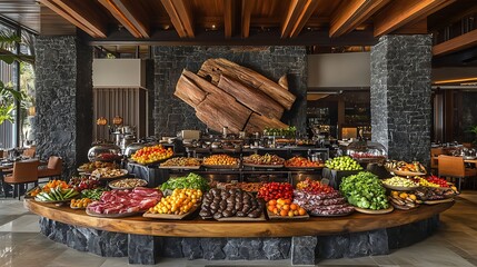 Vibrant buffet spread featuring an array of fresh fruits, vegetables, and meats in a stylish restaurant