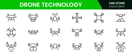 Drone Technology vector line icon set. Contains linear outline icons like Quadrocopter, Propeller, Remote Control, Radar, Camera, Battery, Delivery, and Copter. 