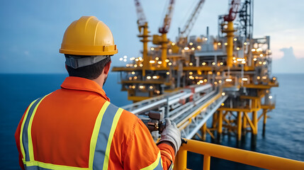 A male oil rig worker securing equipment on the platform. Featuring focus and technical skill