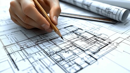 Architect's hand meticulously draws on blueprint plans.