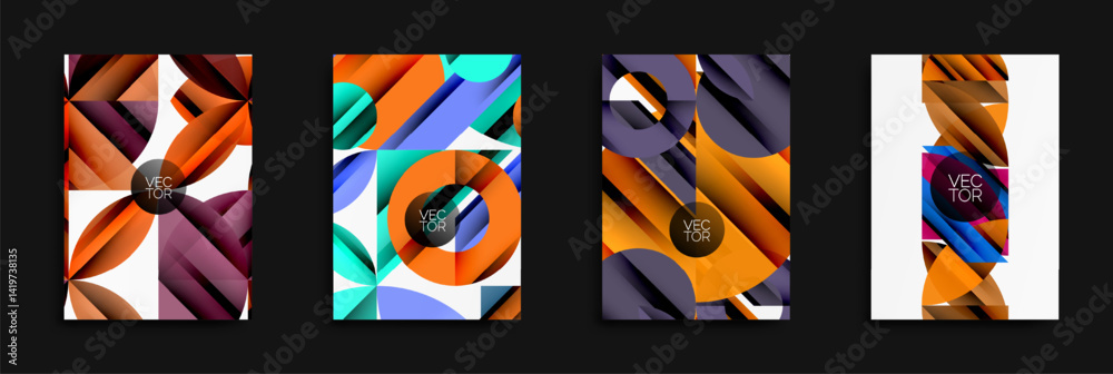 Poster Abstract geometric designs. Bright colors, shapes overlap creating dynamic compositions. Vector illustrations suitable backgrounds.