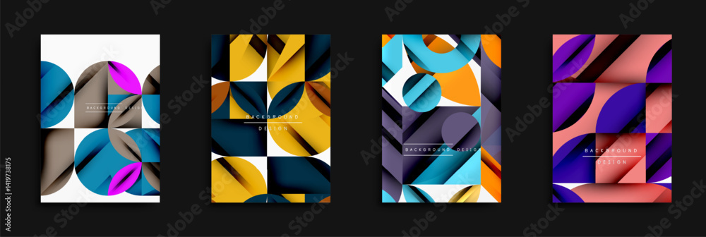 Poster Abstract geometric backgrounds. Overlapping circles, triangles create modern designs. Vibrant colors, gradients present stylish visuals.