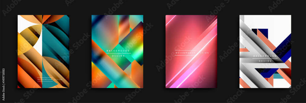 Poster abstract geometric designs. vibrant colors, gradients, overlapping shapes create modern backgrounds.