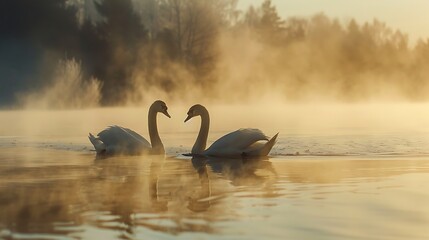 Fototapeta premium A pair of swans gliding gracefully across a misty lake at dawn.