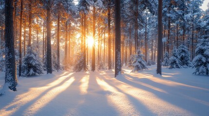 Golden Winter Sunrise in a Snow Covered Forest