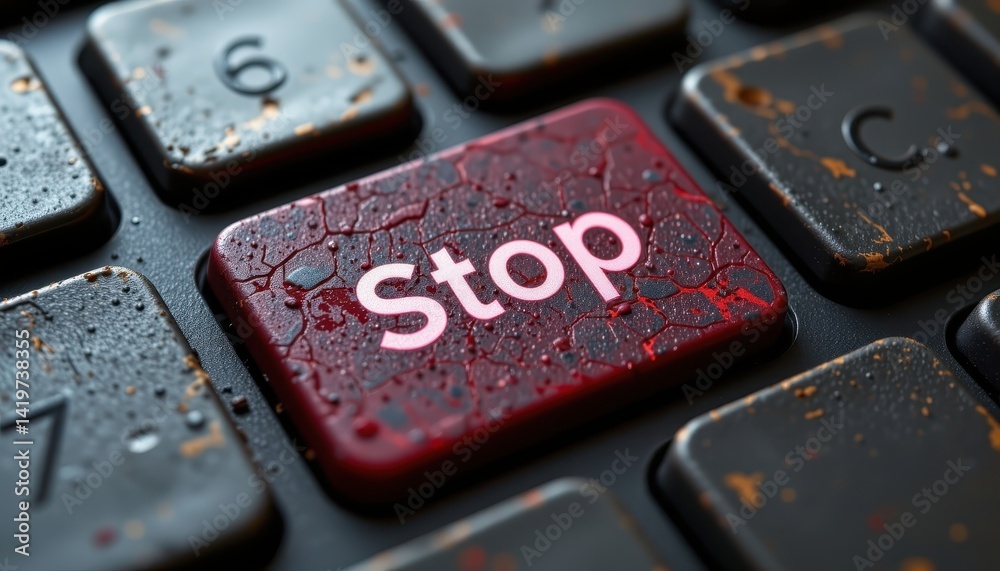 Fototapete An abstract digital artwork featuring a highlighted red 'Stop' key on a textured keyboard.