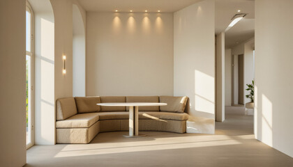 Modern interior design architecture photography: Soft, warm light illuminates a minimalist interior featuring a curved corner sofa and round table within a recessed alcove, showcasing a serene and i