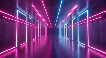 Fototapeta premium A long corridor illuminated by neon lights in pink and blue with a reflective floor surface