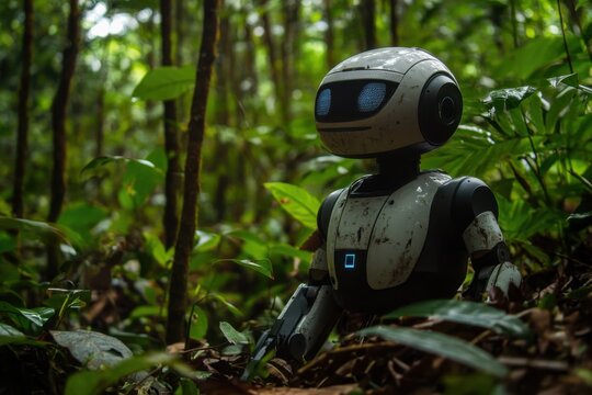 Robot exploring the lush jungle environment during daylight
