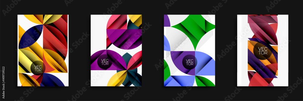 Poster Abstract geometric designs. Bright colors, overlapping shapes create dynamic compositions. Vector illustrations for backgrounds or posters.