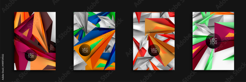 Poster abstract geometric designs. bright colors, glossy textures, modern vector illustrations. four variat