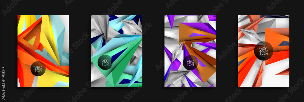 Poster Four vibrant abstract designs. Geometric shapes overlap, creating dynamic visual effects. Bright colors dominate each composition.