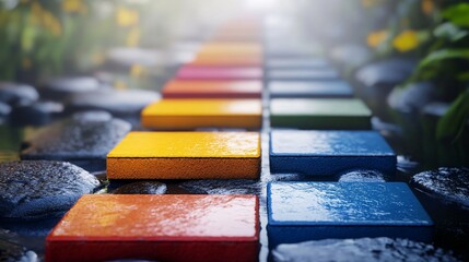 floating tiles forming color-coded pathways on foggy background