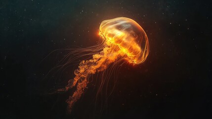 A glowing jellyfish gracefully swims through the dark ocean depths, its vibrant orange and yellow tentacles trailing behind, creating an ethereal scene in the underwater world