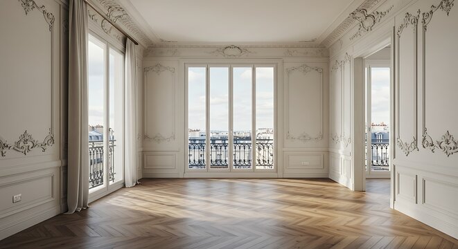 Elegantly appointed Parisian apartment featuring ornate moldings and herringbone floors