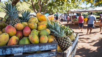 Vibrant fruit market scene showcasing fresh mangoes and pineapples with shoppers in the background