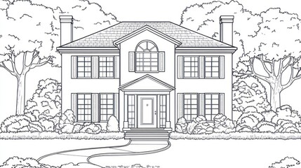 Obraz premium Classic House Drawing, Front View, Trees and Landscaping