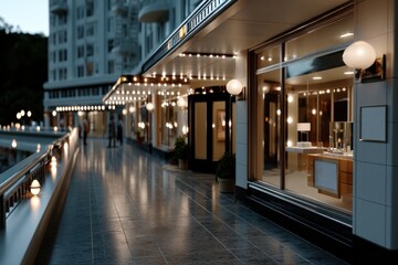 An elegant retail alley adorned with stylish lighting and architectural detail, creating an inviting atmosphere for shoppers and capturing the essence of modern urban aesthetics.