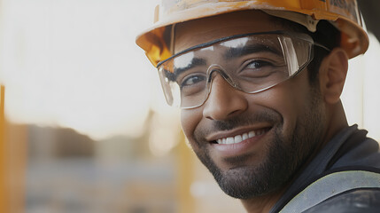 Construction worker smiling confidently at the worksite. Featuring pride and dedication