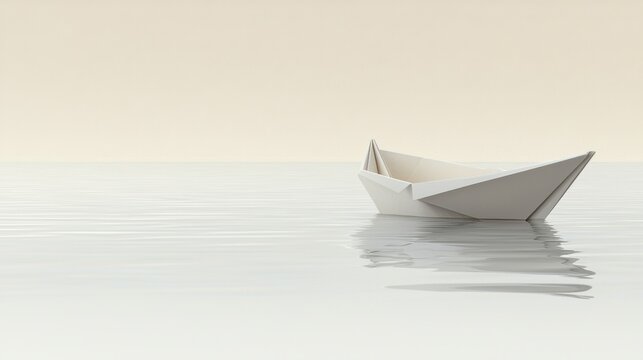 Minimalist white paper boat floating on calm water with subtle reflection in soft natural light creating a serene and peaceful scene suitable for calming or relaxation themes - Powered by Adobe