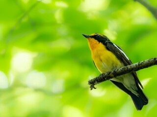 森の中で周りを見渡しているキビタキ