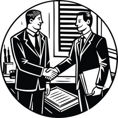 Job Interview: A professional handshake icon with a background of a desk and 
documents