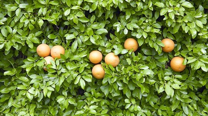Vibrant orange fruits nestled among lush green leaves in a sunny orchard setting