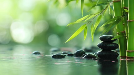 水面に生える竹と積石