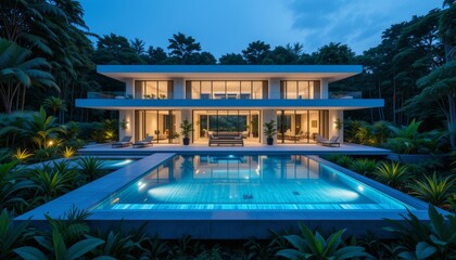 Obraz premium Modern Minimalist Villa with Garden and Pool at Sunset