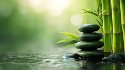 水面に生える竹と積石