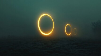 3D rings glowing in harmony across field of foggy background