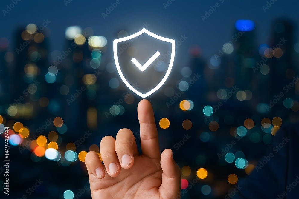 Poster hand interacting with digital shield symbol for online security concept