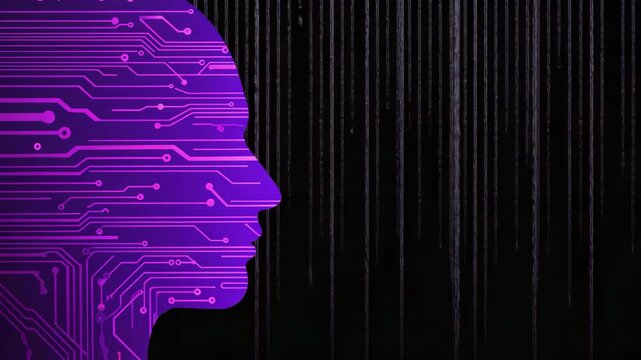 Digital human head profile with glowing circuit pattern against binary code background, conceptual artificial intelligence image.