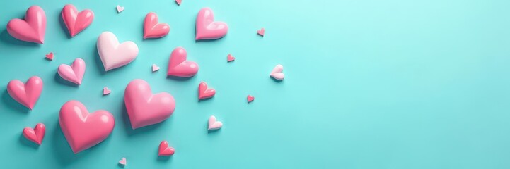 Obraz premium Pastel hearts scattered on turquoise background, valentines, macro