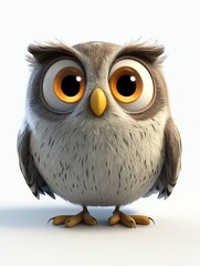 Fototapeta premium Adorable 3D Cartoon Owl with Big Eyes, Soft Fur, and Yellow Beak Stands on White Background