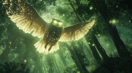 Fototapeta premium Majestic Owl Gliding Through Enchanted Forest Surrounded by Glowing Fireflies and Lush Greenery at Dusk