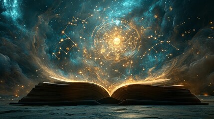 Mystical celestial book of secrets unfolds.