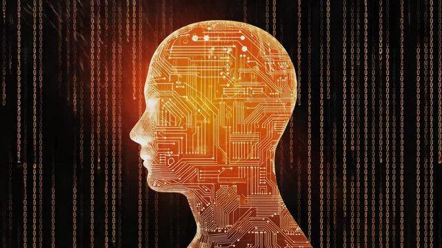 Artificial intelligence concept with circuit pattern inside human head silhouette against digital binary code data stream backdrop