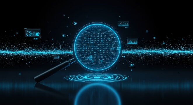 Magnifying glass hovers above a glowing digital data stream with binary code and holographic projections symbolizing a sophisticated digital investigation in a futuristic high-tech environment.