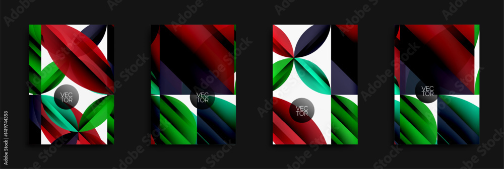 Poster Abstract geometric designs. Vibrant colors, overlapping shapes create dynamic compositions. Modern vector illustrations for backgrounds.