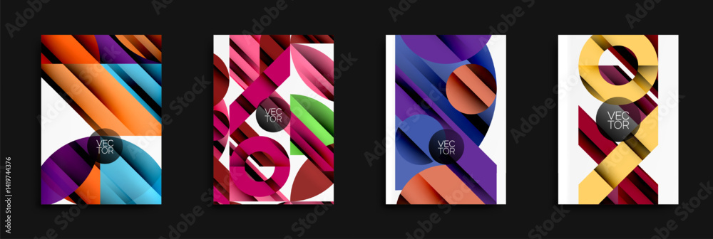 Poster Abstract geometric designs. Bright colors, overlapping shapes, dynamic compositions. Modern vector illustrations for backgrounds or flyers.