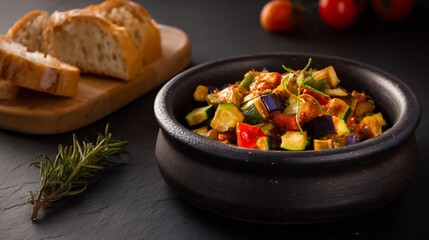 Spain dinner cuisine pisto manchego vegetable medley zucchini bell peppers eggplant and tomatoes served in a clay bowl traditional Spanish ratatouille in normal view on matte black stone background