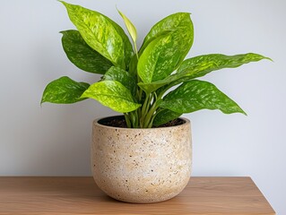 Indoor Golden Pothos Plant in Textured Pot on Wood Surface, Home Decor