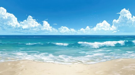 A serene beach scene showcasing gentle waves lapping at the shore under a bright blue sky with fluffy clouds, evoking a sense of tranquility and relaxation ideal for vacation imagery