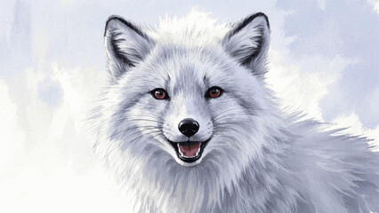 Naklejka premium Frostbitten hues: arctic fox at dawn smile happy isolated watercolor vector illustration svg 